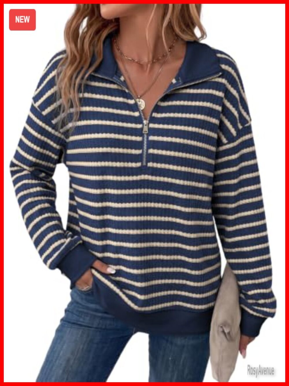 Women's Half Zip Waffle Knit Striped Sweatshirt Drop Shoulder Loose Fit